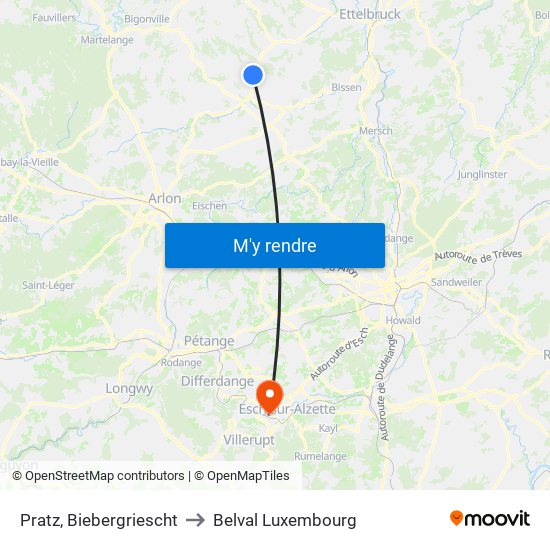 Pratz, Biebergriescht to Belval Luxembourg map