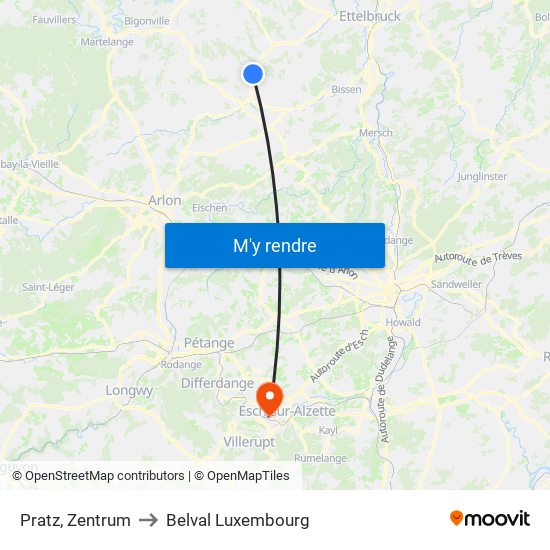 Pratz, Zentrum to Belval Luxembourg map