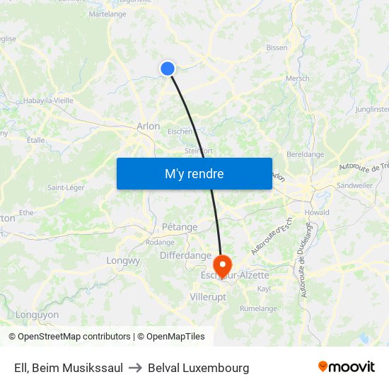 Ell, Beim Musikssaul to Belval Luxembourg map