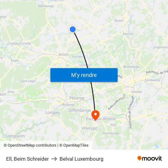 Ell, Beim Schreider to Belval Luxembourg map