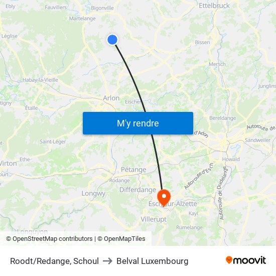 Roodt/Redange, Schoul to Belval Luxembourg map