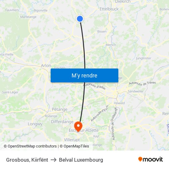 Grosbous, Kiirfënt to Belval Luxembourg map