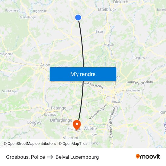 Grosbous, Police to Belval Luxembourg map