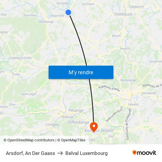 Arsdorf, An Der Gaass to Belval Luxembourg map