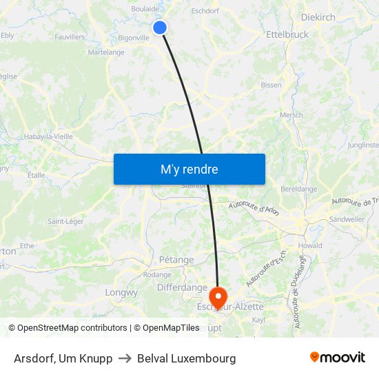 Arsdorf, Um Knupp to Belval Luxembourg map