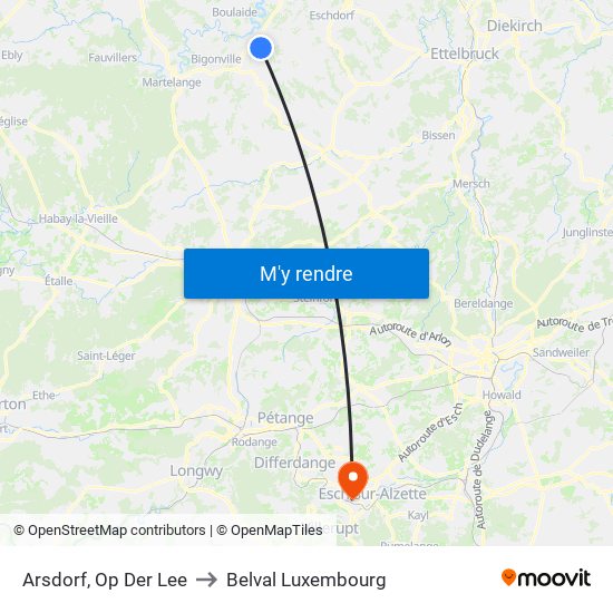 Arsdorf, Op Der Lee to Belval Luxembourg map