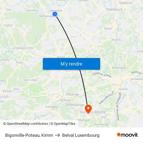 Bigonville-Poteau, Kimm to Belval Luxembourg map