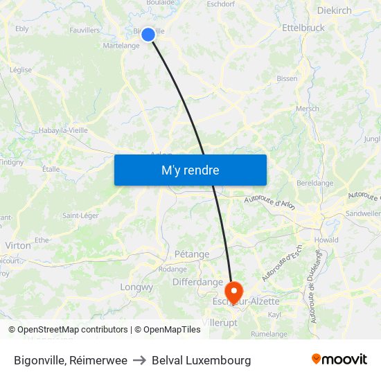 Bigonville, Réimerwee to Belval Luxembourg map