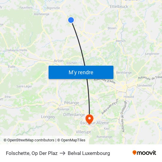 Folschette, Op Der Plaz to Belval Luxembourg map