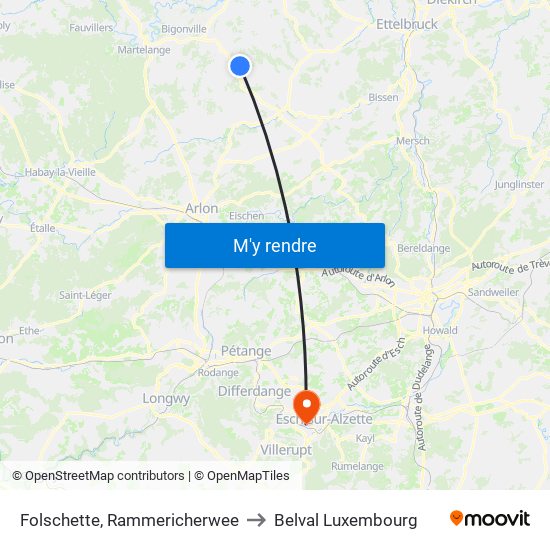 Folschette, Rammericherwee to Belval Luxembourg map