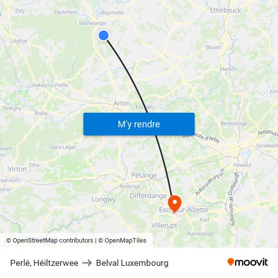 Perlé, Héiltzerwee to Belval Luxembourg map