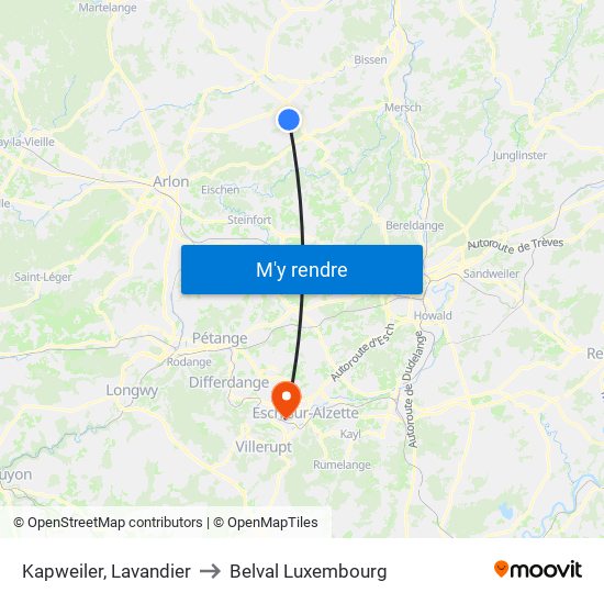 Kapweiler, Lavandier to Belval Luxembourg map