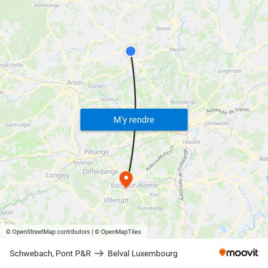 Schwebach, Pont P&R to Belval Luxembourg map