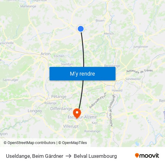 Useldange, Beim Gärdner to Belval Luxembourg map