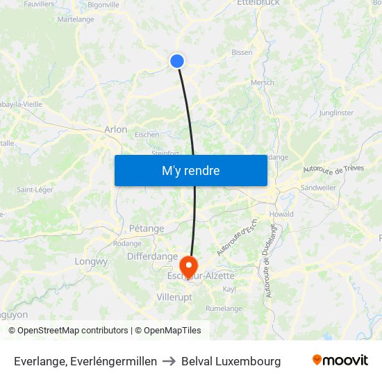 Everlange, Everléngermillen to Belval Luxembourg map