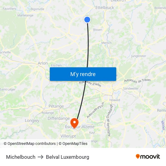 Michelbouch to Belval Luxembourg map