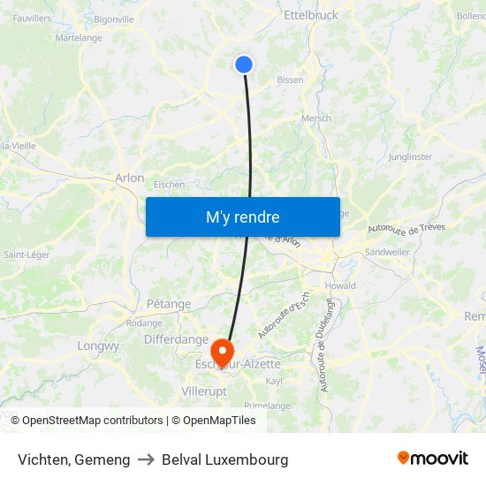 Vichten, Gemeng to Belval Luxembourg map