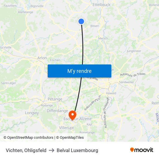 Vichten, Ohligsfeld to Belval Luxembourg map