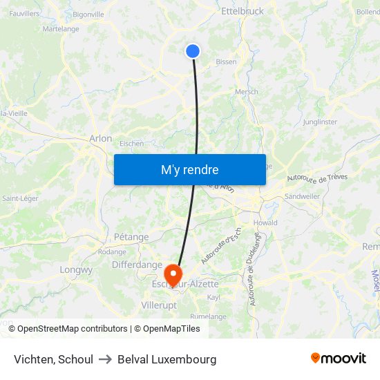 Vichten, Schoul to Belval Luxembourg map