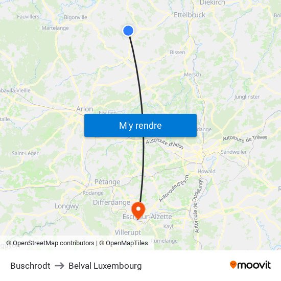 Buschrodt to Belval Luxembourg map