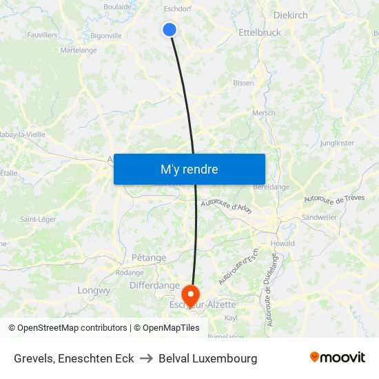 Grevels, Eneschten Eck to Belval Luxembourg map