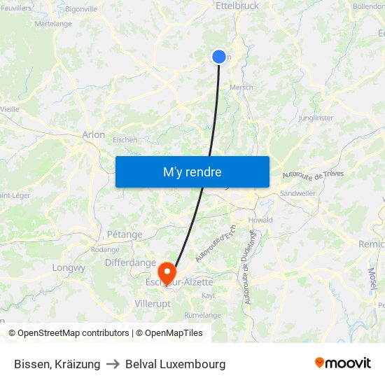 Bissen, Kräizung to Belval Luxembourg map