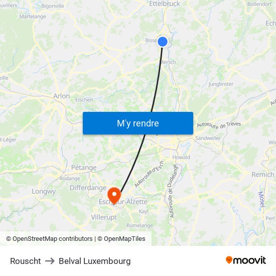 Rouscht to Belval Luxembourg map