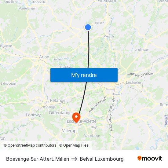 Boevange-Sur-Attert, Millen to Belval Luxembourg map