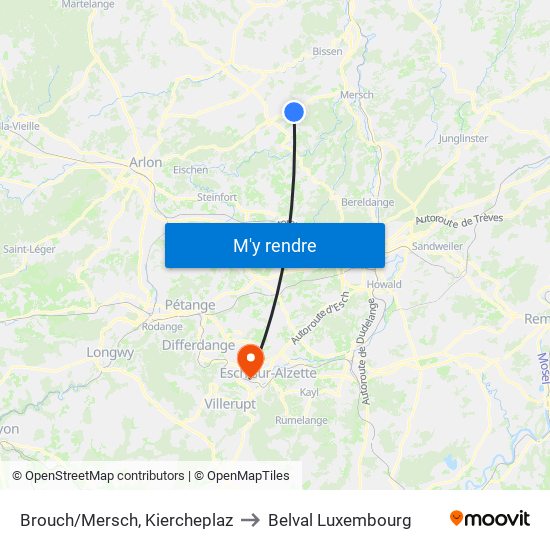 Brouch/Mersch, Kiercheplaz to Belval Luxembourg map