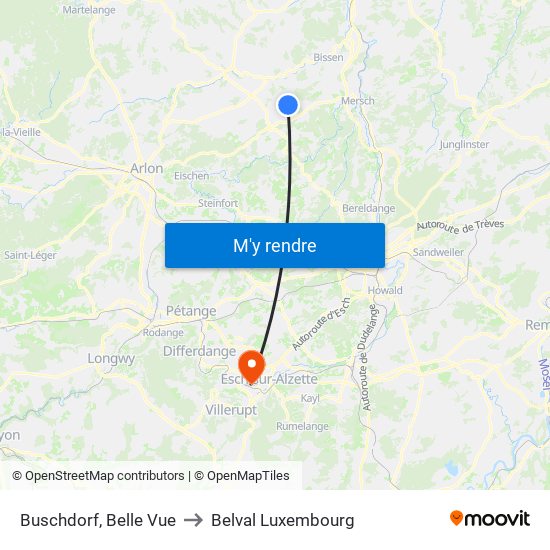 Buschdorf, Belle Vue to Belval Luxembourg map