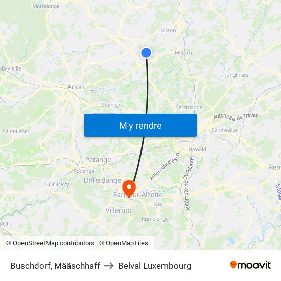 Buschdorf, Määschhaff to Belval Luxembourg map