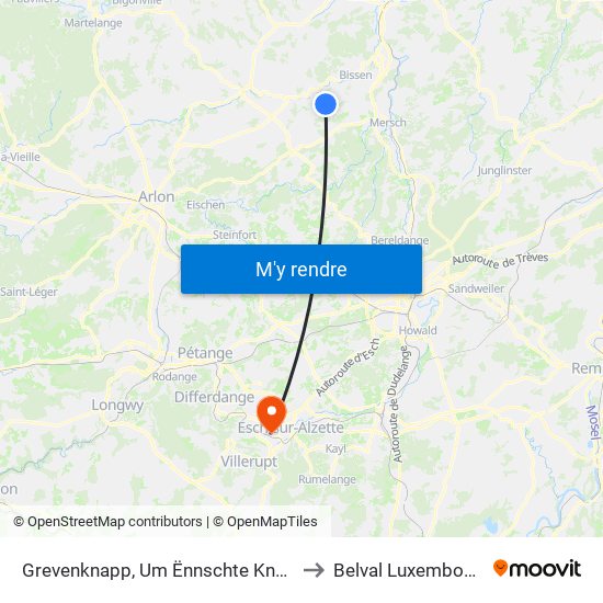 Grevenknapp, Um Ënnschte Knapp to Belval Luxembourg map