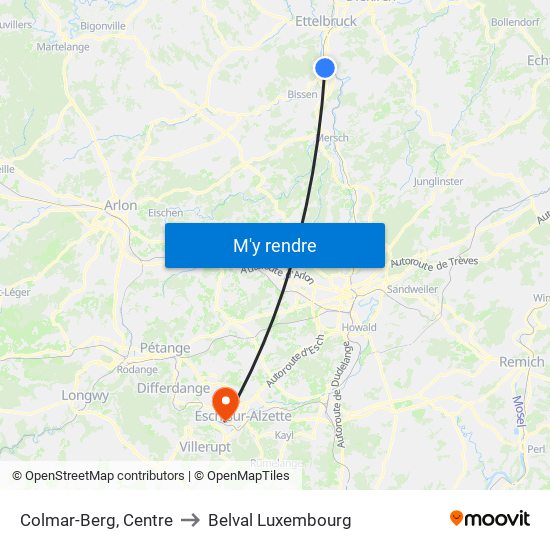 Colmar-Berg, Centre to Belval Luxembourg map