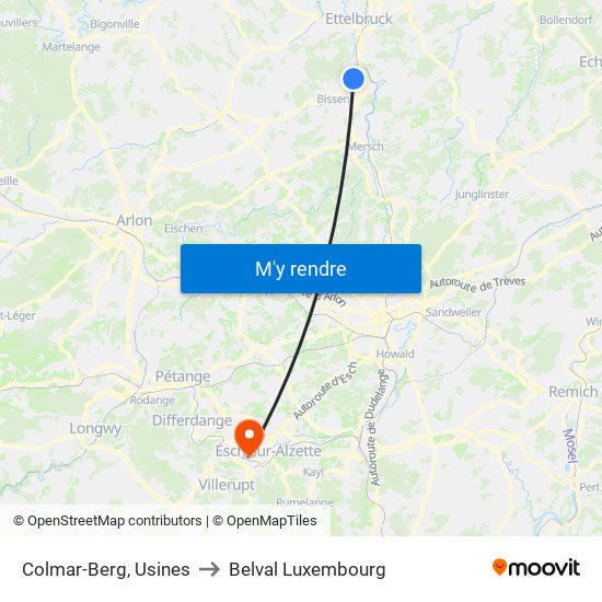 Colmar-Berg, Usines to Belval Luxembourg map