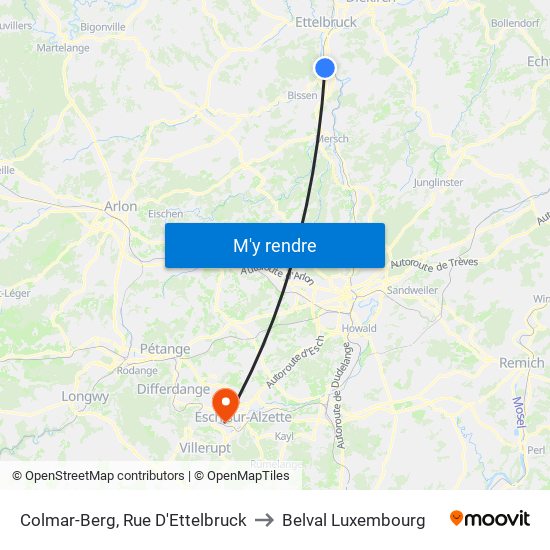Colmar-Berg, Rue D'Ettelbruck to Belval Luxembourg map
