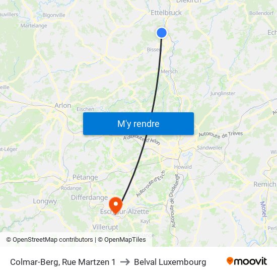 Colmar-Berg, Rue Martzen 1 to Belval Luxembourg map