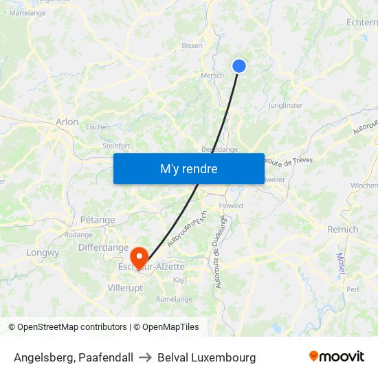 Angelsberg, Paafendall to Belval Luxembourg map