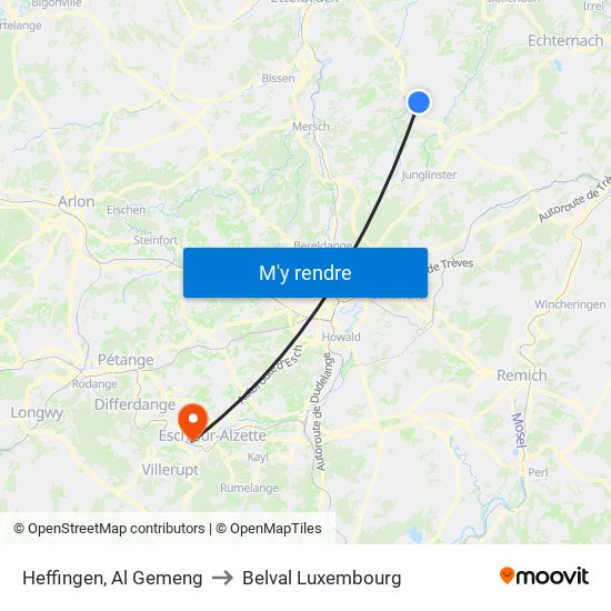 Heffingen, Al Gemeng to Belval Luxembourg map