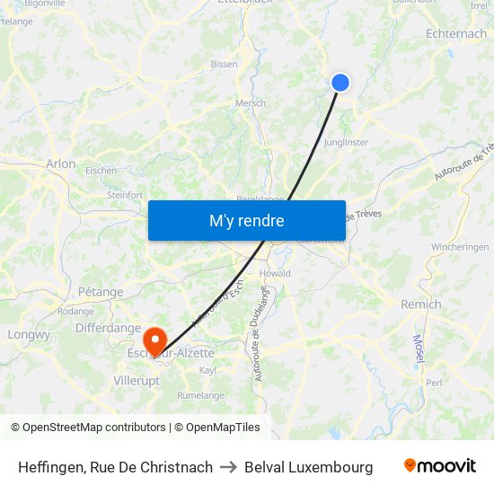 Heffingen, Rue De Christnach to Belval Luxembourg map