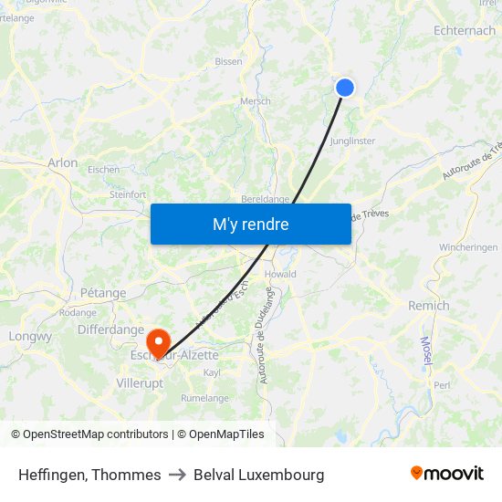 Heffingen, Thommes to Belval Luxembourg map