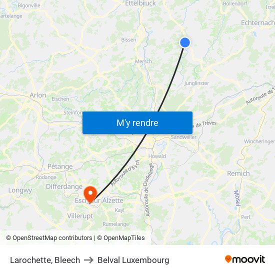 Larochette, Bleech to Belval Luxembourg map