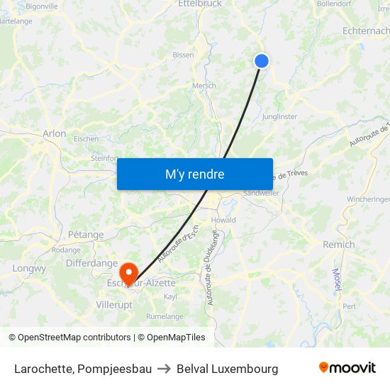 Larochette, Pompjeesbau to Belval Luxembourg map