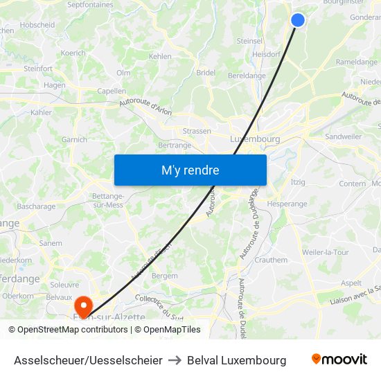 Asselscheuer/Uesselscheier to Belval Luxembourg map