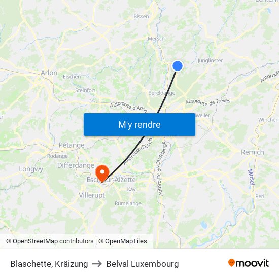 Blaschette, Kräizung to Belval Luxembourg map
