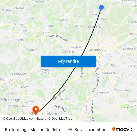 Bofferdange, Maison De Retraite to Belval Luxembourg map