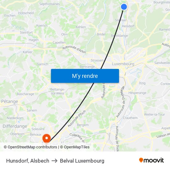 Hunsdorf, Alsbech to Belval Luxembourg map