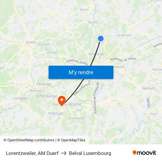 Lorentzweiler, AM Duerf to Belval Luxembourg map