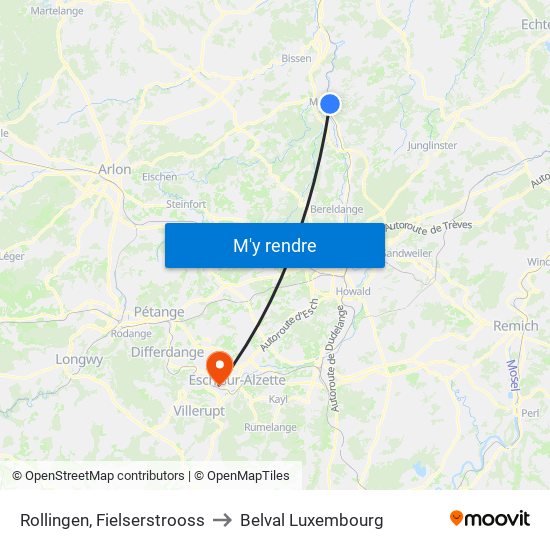 Rollingen, Fielserstrooss to Belval Luxembourg map
