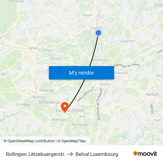 Rollingen, Lëtzebuergerstr. to Belval Luxembourg map