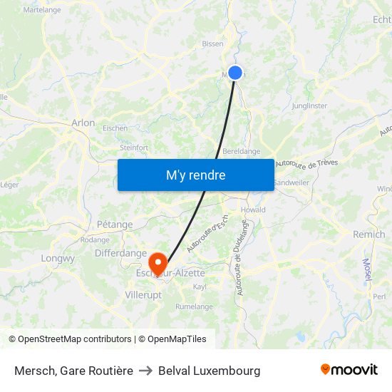 Mersch, Gare Routière to Belval Luxembourg map